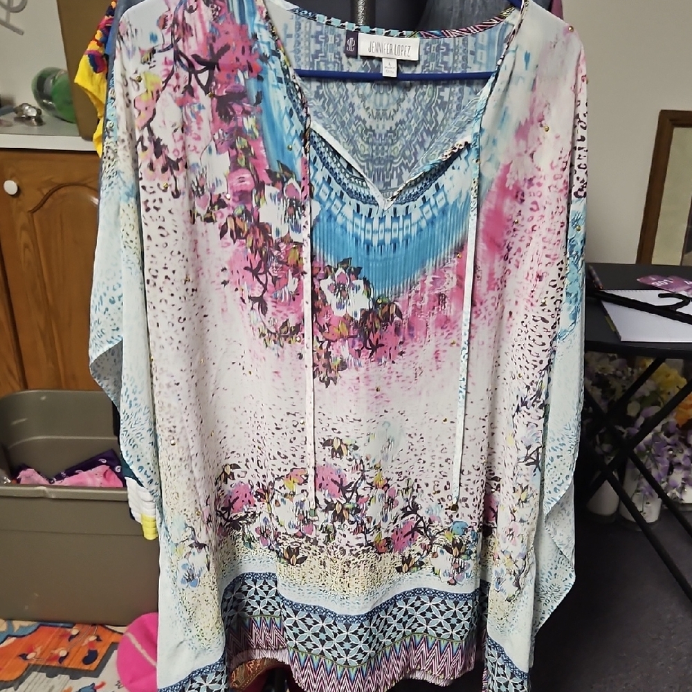 Jennifer Lopez Floral Pink Blue Multi-Color Boho Blouse